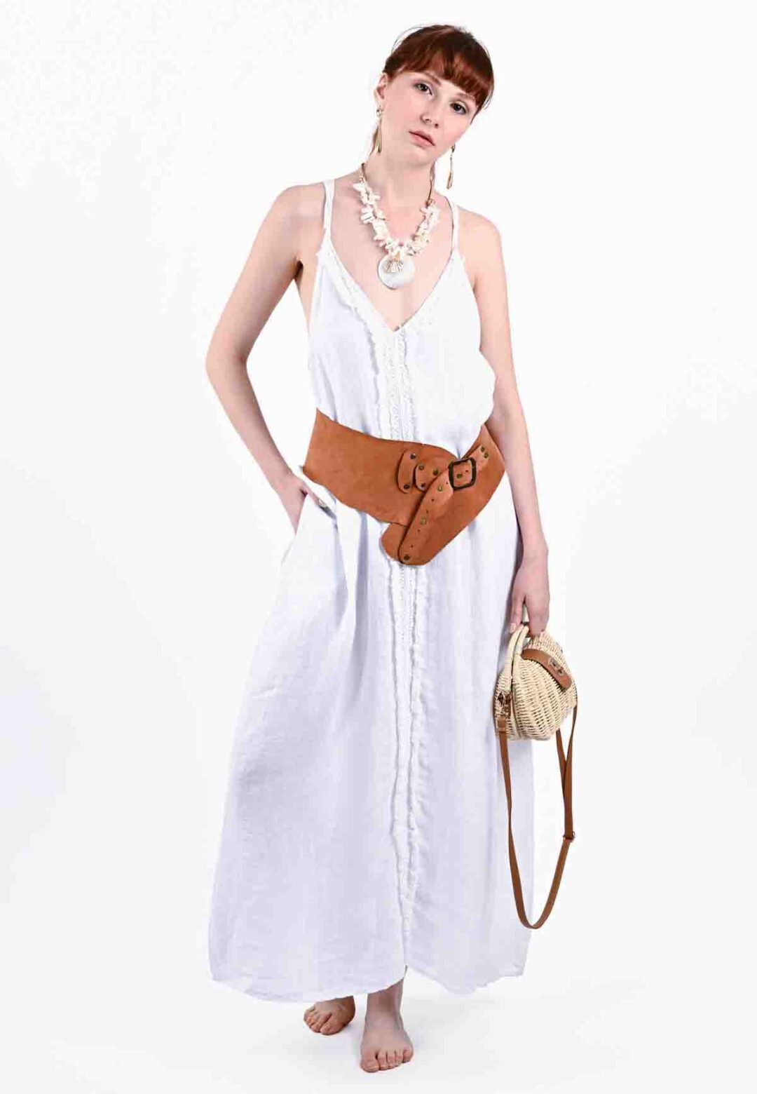 %100 Keten V Yaka Elbise